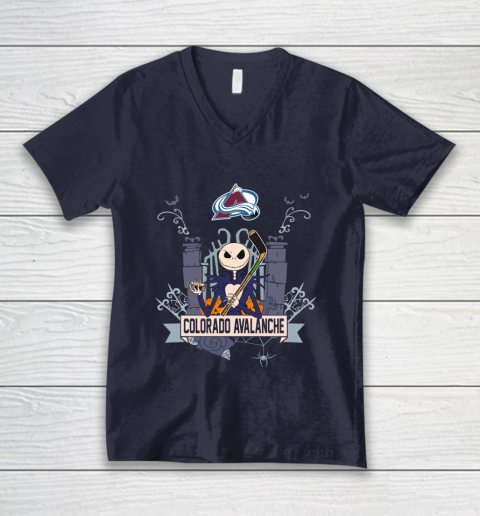 NHL Colorado Avalanche Hockey Jack Skellington Halloween V-Neck T-Shirt 2