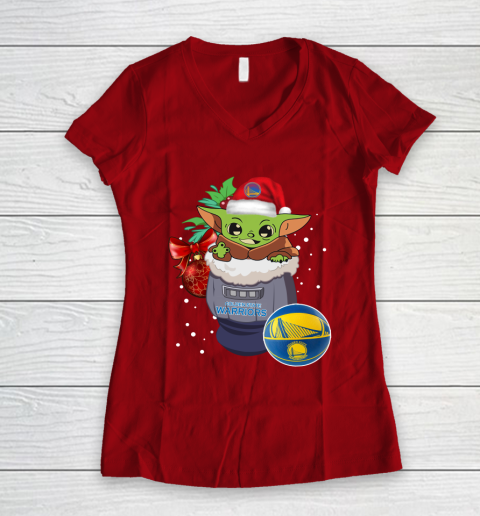 Golden State Warriors Christmas Baby Yoda Star Wars Funny Happy NBA Women's V-Neck T-Shirt 10