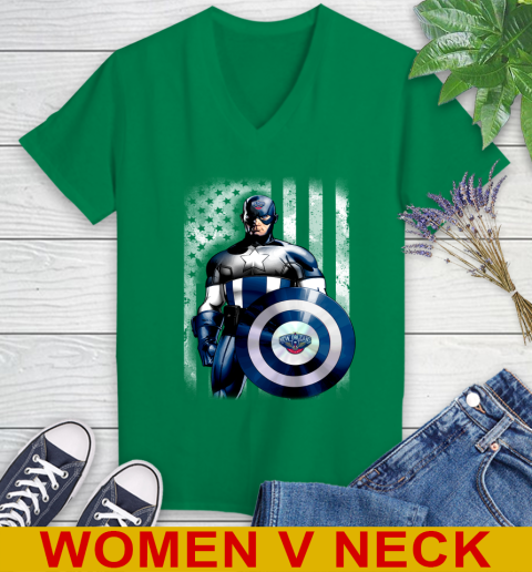 New Orleans Pelicans NBA Basketball Captain America Marvel Avengers American Flag Shirt Women's V-Neck T-Shirt 5