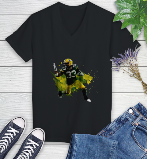 Aaron Jones Running Green Bay Packers Women's V-Neck T-Shirt