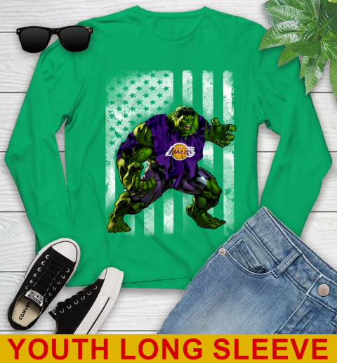 Los Angeles Lakers Hulk Marvel Avengers NBA Basketball American Flag Youth Long Sleeve 7