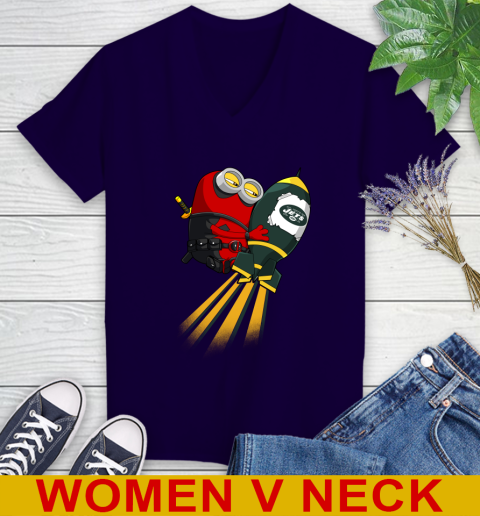 NFL Football New York Jets Deadpool Minion Marvel Shirt Women's V-Neck T-Shirt 3