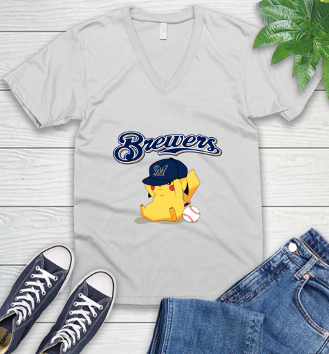 MLB Pikachu Baseball Sports Milwaukee Brewers V-Neck T-Shirt