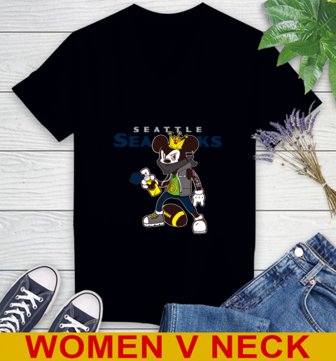 Seattle Seahawks NFL Football Mickey Peace Sign Sports Women's V-Neck T-Shirt 2