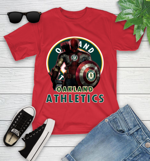 MLB Captain America Thor Spider Man Hawkeye Avengers Endgame Baseball Oakland Athletics Youth T-Shirt 10