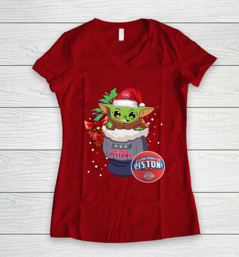 Detroit Pistons Christmas Baby Yoda Star Wars Funny Happy NBA Women's V-Neck T-Shirt 10