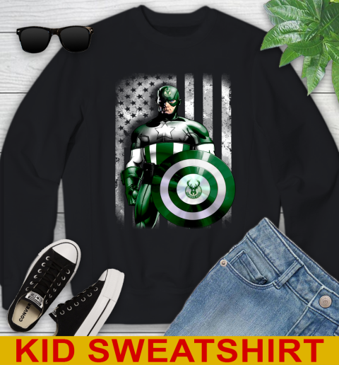 Milwaukee Bucks NBA Basketball Captain America Marvel Avengers American Flag Shirt Youth Sweatshirt