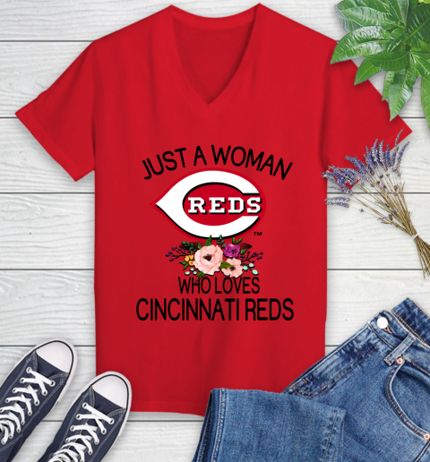 MLB Just A Woman Who Loves Cincinnati Reds Baseball Sports Women's V-Neck T-Shirt 7