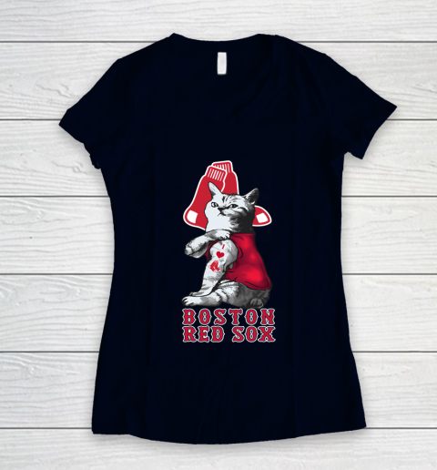MLB Baseball My Cat Loves Boston Red Sox Women's V-Neck T-Shirt 2