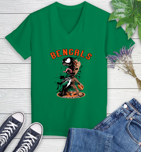 NFL Cincinnati Bengals Football Venom Groot Guardians Of The Galaxy Women's V-Neck T-Shirt 5