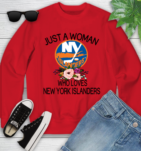 NHL Just A Woman Who Loves New York Islanders Hockey Sports Youth Sweatshirt 5