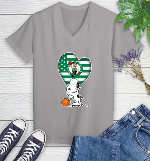 Boston Celtics NBA Basketball The Peanuts Movie Adorable Snoopy Women's V-Neck T-Shirt 4
