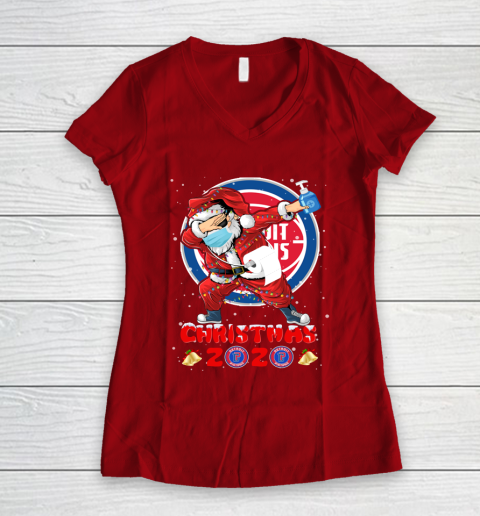 Detroit Pistons Funny Santa Claus Dabbing Christmas 2020 NBA Women's V-Neck T-Shirt 8