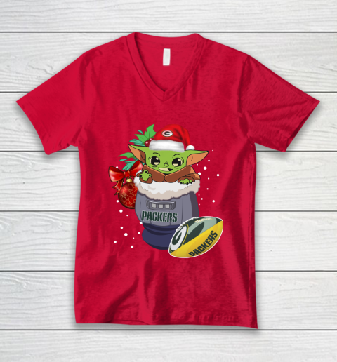 Green Bay Packers Christmas Baby Yoda Star Wars Funny Happy NFL V-Neck T-Shirt 7