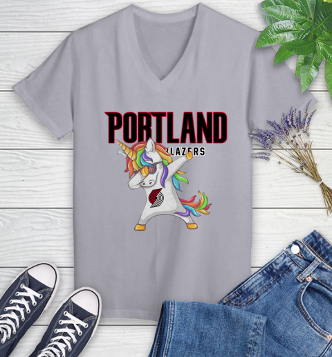 Portland Trail Blazers NBA Basketball Funny Unicorn Dabbing Sports Women's V-Neck T-Shirt 4