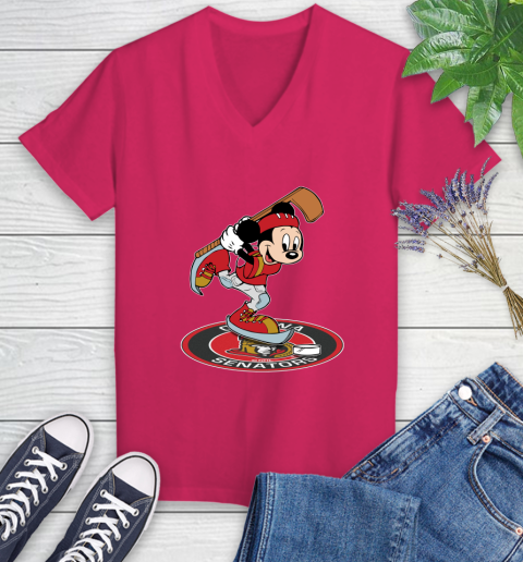 NHL Hockey Ottawa Senator Cheerful Mickey Disney Shirt Women's V-Neck T-Shirt 8