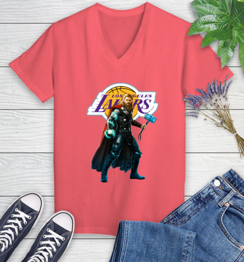 NBA Thor Avengers Endgame Basketball Los Angeles Lakers Women's V-Neck T-Shirt 6