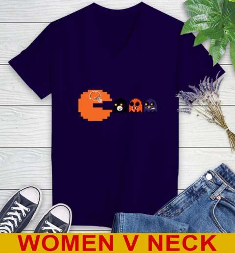 Cleveland Browns NFL Football Pac Man Champion Women's V-Neck T-Shirt 4