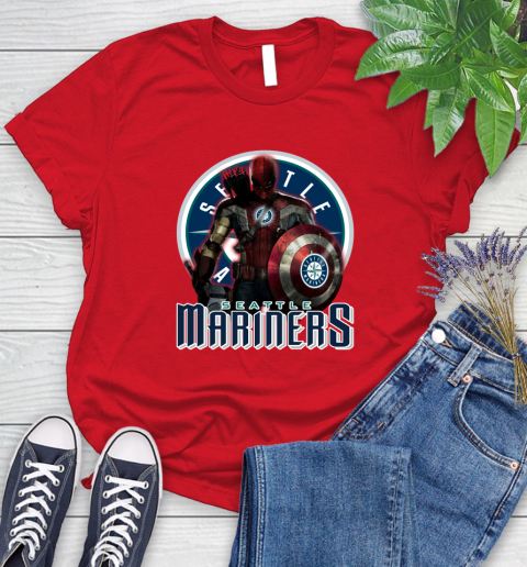 MLB Captain America Thor Spider Man Hawkeye Avengers Endgame Baseball Seattle Mariners Women's T-Shirt 9
