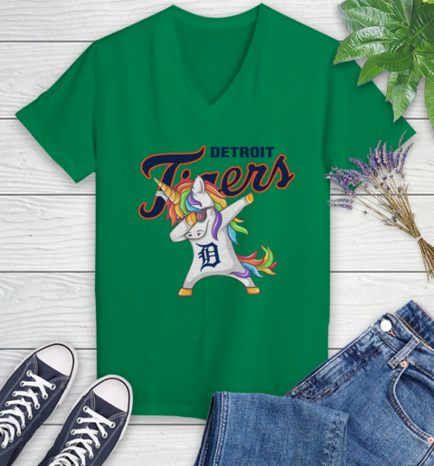 Detroit Tigers MLB Baseball Funny Unicorn Dabbing Sports Women's V-Neck T-Shirt 5