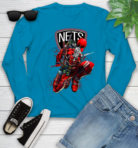 NBA Deadpool Marvel Comics Sports Basketball Brooklyn Nets Youth Long Sleeve 7
