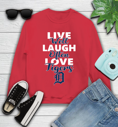 MLB Baseball Detroit Tigers Live Well Laugh Often Love Shirt Youth Sweatshirt 6