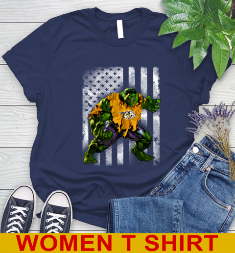 Nashville Predators Hulk Marvel Avengers NHL Hockey American Flag Women's T-Shirt 12