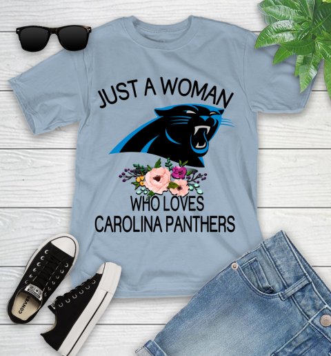 NFL Just A Woman Who Loves Carolina Panthers Football Sports Youth T-Shirt 6