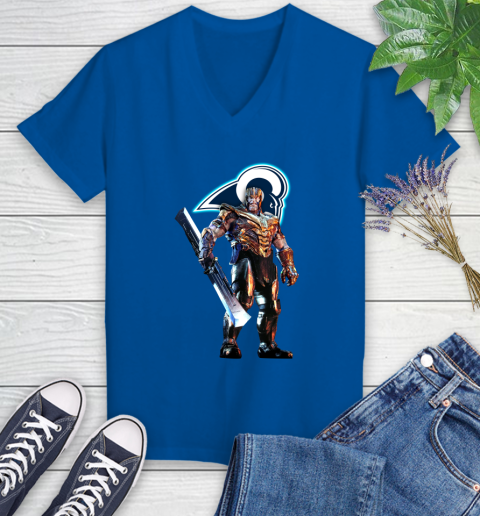 NFL Thanos Gauntlet Avengers Endgame Football Los Angeles Rams Women's V-Neck T-Shirt 10