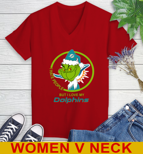 Miami Dolphins NFL Christmas Grinch I Hate People But I Love My Favorite Football Team Women's V-Neck T-Shirt 12
