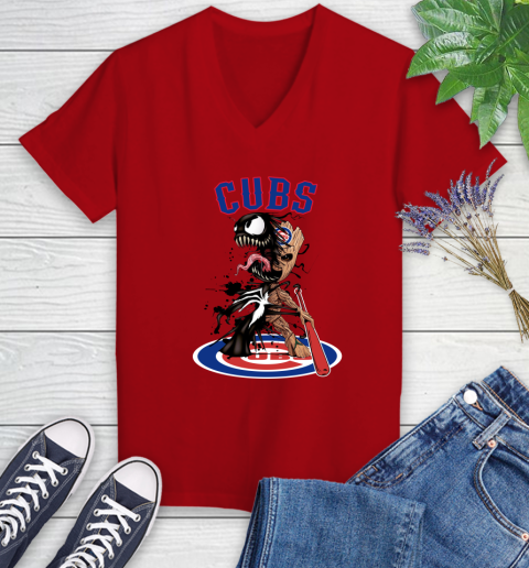 MLB Chicago Cubs Baseball Venom Groot Guardians Of The Galaxy Women's V-Neck T-Shirt 12