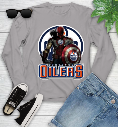 NHL Captain America Thor Spider Man Hawkeye Avengers Endgame Hockey Edmonton Oilers Youth Long Sleeve 5