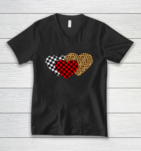 Leopard Heart Buffalo Plaid Heart Valentine Day V-Neck T-Shirt