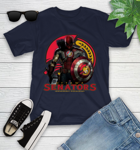 NHL Captain America Thor Spider Man Hawkeye Avengers Endgame Hockey Ottawa Senators Youth T-Shirt 3