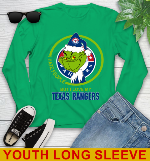Texas Rangers MLB Christmas Grinch I Hate People But I Love My Favorite Baseball Team Youth Long Sleeve 7