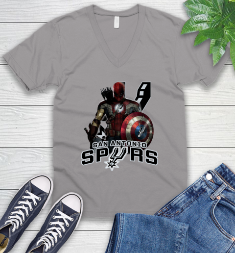 San Antonio Spurs NBA Basketball Captain America Thor Spider Man Hawkeye Avengers V-Neck T-Shirt 4