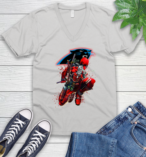 NFL Deadpool Marvel Comics Sports Football Carolina Panthers V-Neck T-Shirt