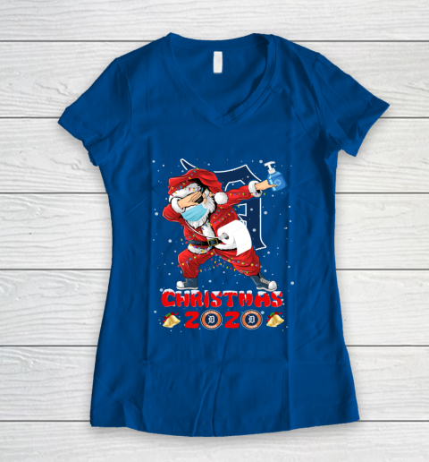 Detroit Tigers Funny Santa Claus Dabbing Christmas 2020 MLB Women's V-Neck T-Shirt 7