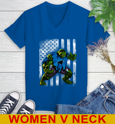 Carolina Panthers Hulk Marvel Avengers NFL Football American Flag Women's V-Neck T-Shirt 9