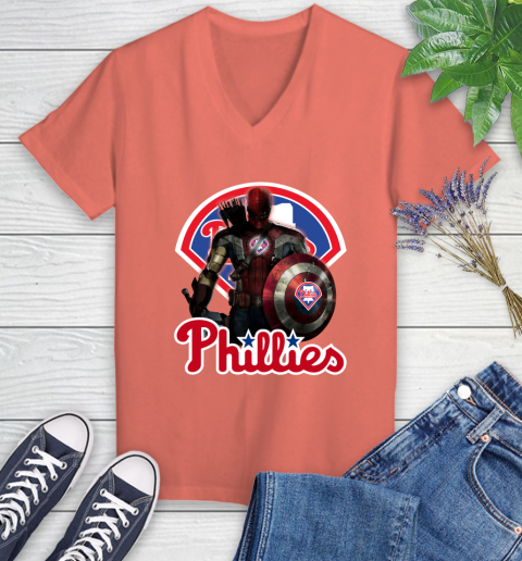 MLB Captain America Thor Spider Man Hawkeye Avengers Endgame Baseball Philadelphia Phillies Women's V-Neck T-Shirt 6