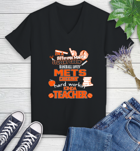 New York Mets MLB I'm A Difference Making Student Caring Baseball Loving Kinda Teacher Women's V-Neck T-Shirt