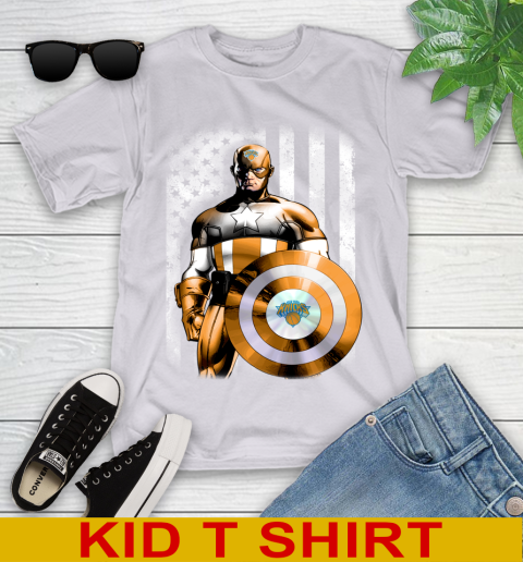 New York Knicks NBA Basketball Captain America Marvel Avengers American Flag Shirt Youth T-Shirt 4