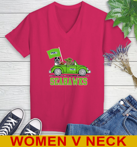 NFL Football Seattle Seahawks Darth Vader Baby Yoda Driving Star Wars Shirt Women's V-Neck T-Shirt 10
