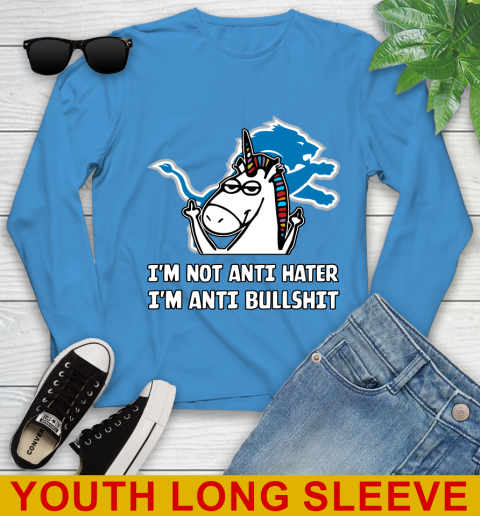 Detroit Lions NFL Football Unicorn I'm Not Anti Hater I'm Anti Bullshit Youth Long Sleeve 8