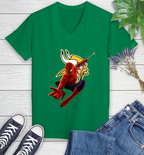 NFL Spider Man Avengers Endgame Football Minnesota Vikings Women's V-Neck T-Shirt 5