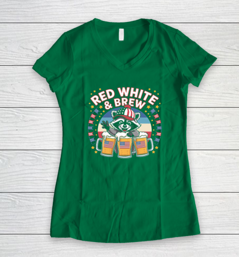 Funny Raccoon red white and brew Independence Day 4th of July Women's V-Neck T-Shirt 3