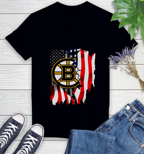 Boston Bruins NHL Hockey American Flag Women's V-Neck T-Shirt