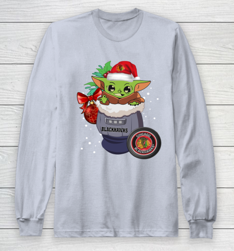 Chicago Blackhawks Christmas Baby Yoda Star Wars Funny Happy NHL Long Sleeve T-Shirt 6