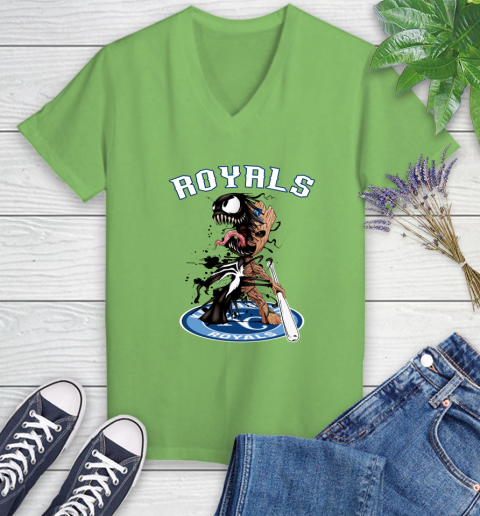 MLB Kansas City Royals Baseball Venom Groot Guardians Of The Galaxy Women's V-Neck T-Shirt 11