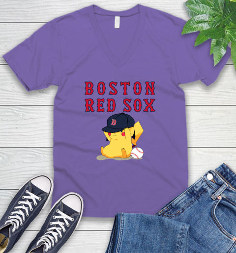MLB Pikachu Baseball Sports Boston Red Sox V-Neck T-Shirt 9